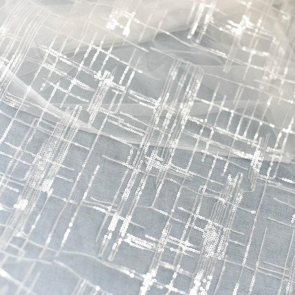 White Embroidered Bridal Lace Fabric - Corded Wedding Gown Lace