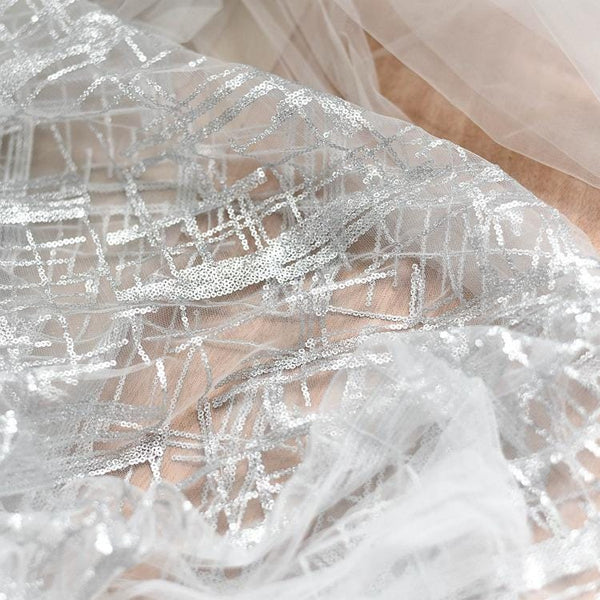 White Embroidered Bridal Lace Fabric - Corded Wedding Gown Lace