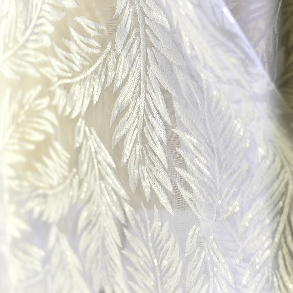 White Embroidered Bridal Lace Fabric: Corded Wedding Gown Lace