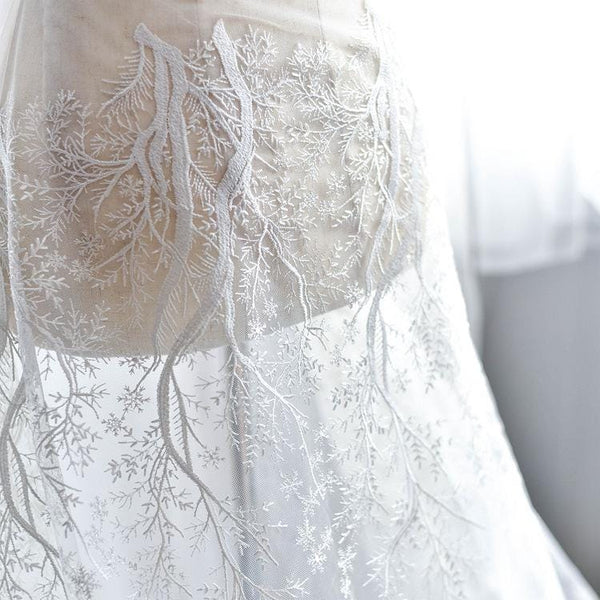 White Embroidered Bridal Lace Fabric: Corded Wedding Gown Lace