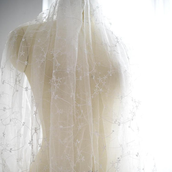 White Embroidered Bridal Lace Fabric - Corded Wedding Gown Lace