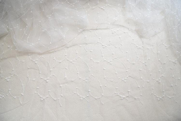 White Embroidered Bridal Lace Fabric - Corded Wedding Gown Lace