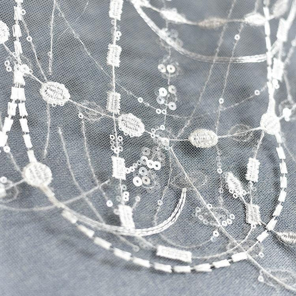White Embroidered Bridal Lace Fabric - Corded Wedding Gown Lace