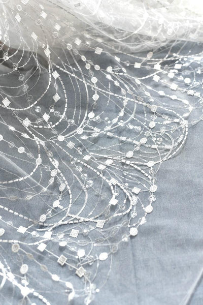 White Embroidered Bridal Lace Fabric - Corded Wedding Gown Lace
