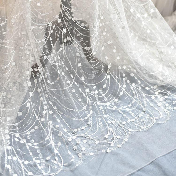 White Embroidered Bridal Lace Fabric - Corded Wedding Gown Lace