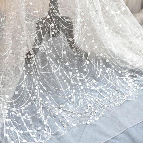 White Embroidered Bridal Lace Fabric - Corded Wedding Gown Lace