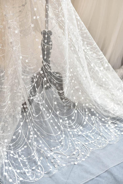 White Embroidered Bridal Lace Fabric - Corded Wedding Gown Lace