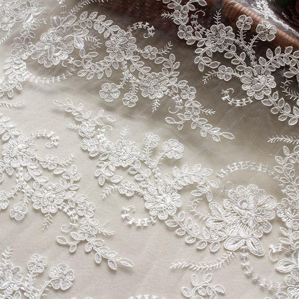 White Embroidered Bridal Lace Fabric - Corded Wedding Gown Lace by Yard