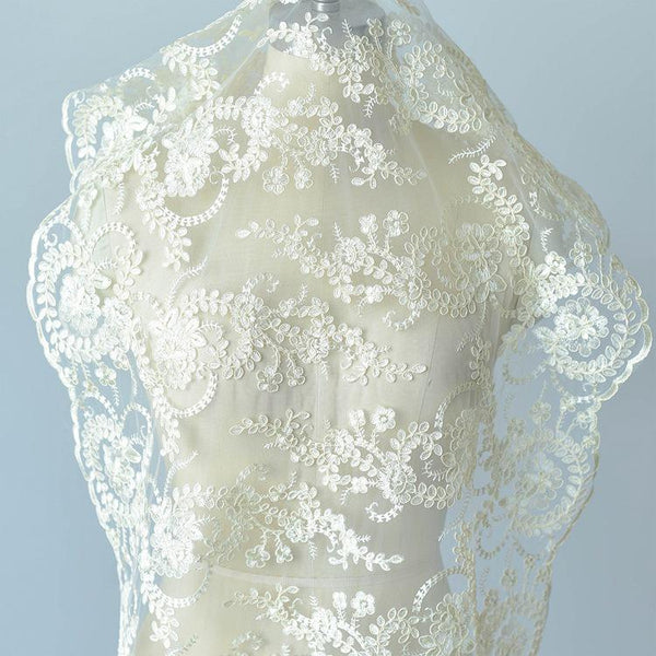 White Embroidered Bridal Lace Fabric - Corded Wedding Gown Lace by Yard