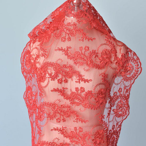 White Embroidered Bridal Lace Fabric - Corded Wedding Gown Lace by Yard