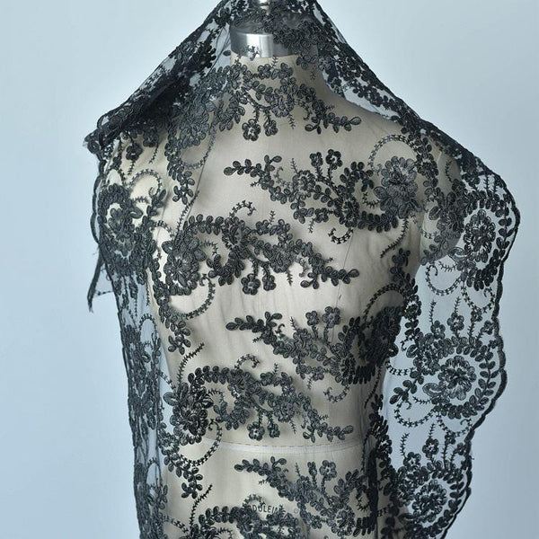 White Embroidered Bridal Lace Fabric - Corded Wedding Gown Lace by Yard