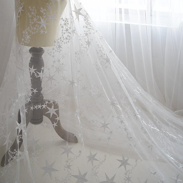 White Star Embroidered Bridal Lace Fabric - Wedding Gown Lace by Yard