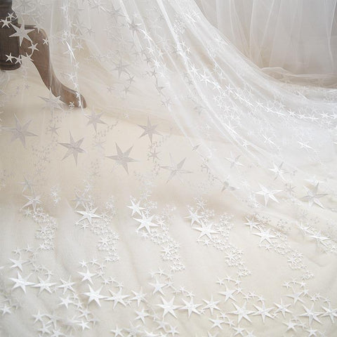 White Star Embroidered Bridal Lace Fabric - Wedding Gown Lace by Yard