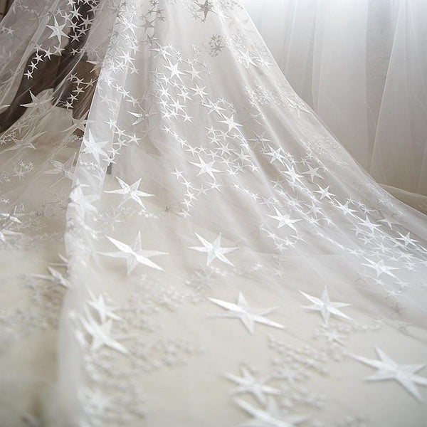 White Star Embroidered Bridal Lace Fabric - Wedding Gown Lace by Yard