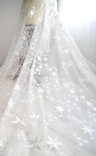 White Star Embroidered Bridal Lace Fabric - Wedding Gown Lace by Yard