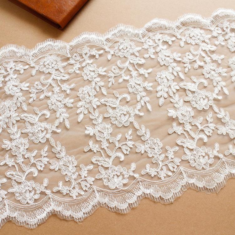 White Embroidered Bridal Lace Fabric - Corded Lace for Wedding Dress