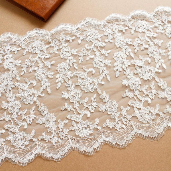 White Embroidered Bridal Lace Fabric - Corded Lace for Wedding Dress