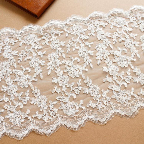 White Embroidered Bridal Lace Fabric - Corded Lace for Wedding Dress