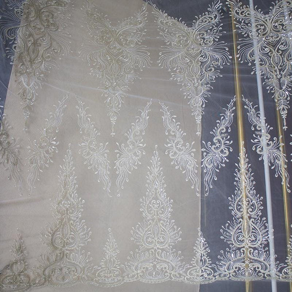 White Embroidered Bridal Lace Fabric - Corded Wedding Gown Lace