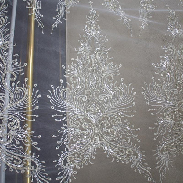 White Embroidered Bridal Lace Fabric - Corded Wedding Gown Lace
