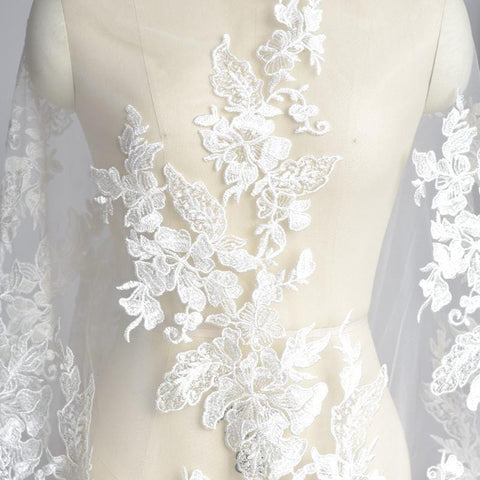 White Floral Lace Bridal Applique: Embroidered Wedding Dress Gown (14.5x47.25 in)