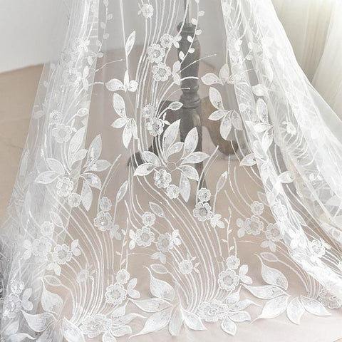 White Floral Embroidered Bridal Lace Applique (13x49.25 in)