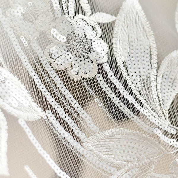 White Floral Embroidered Bridal Lace Applique (13x49.25 in)