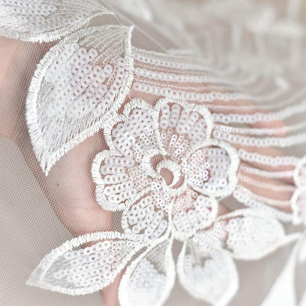 White Floral Embroidered Bridal Lace Applique (13x49.25 in)