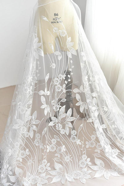 White Floral Embroidered Bridal Lace Applique (13x49.25 in)