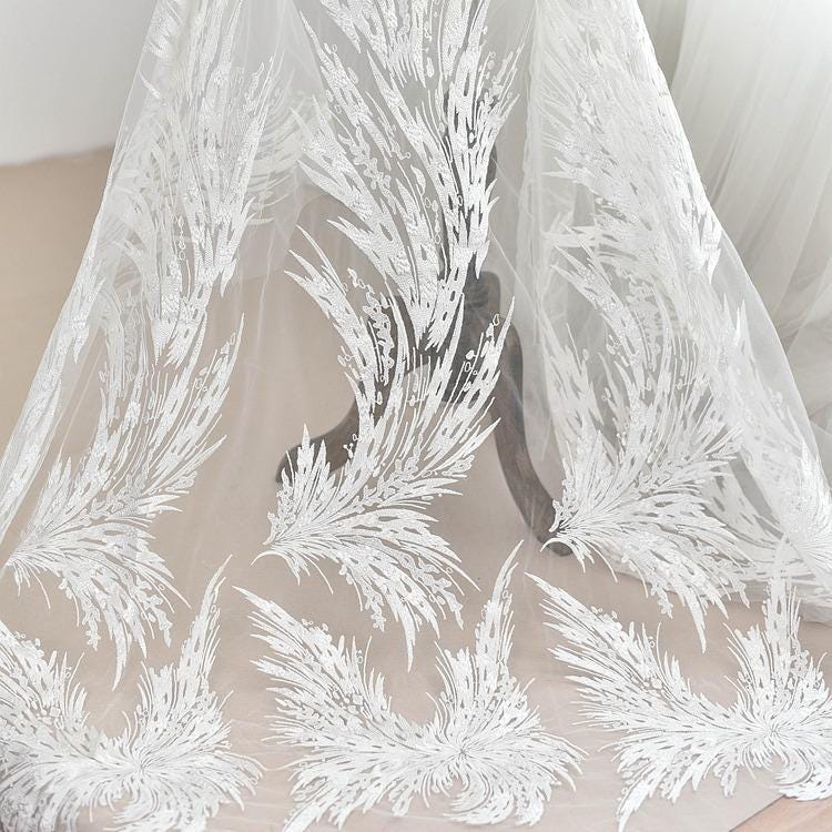 White Corded Lace Applique: Embroidered Bridal Gown Dress (11 7/8 x 49 1/4 in)