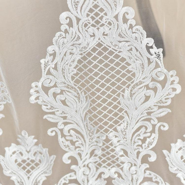 White Corded Lace Applique: Embroidered Bridal Dress Embellishment (13x49.25in)