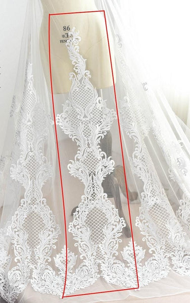 White Corded Lace Applique: Embroidered Bridal Dress Embellishment (13x49.25in)