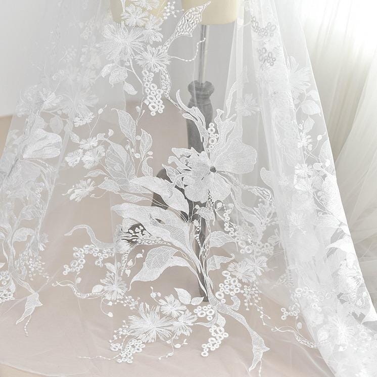 White Floral Embroidered Lace Applique: Bridal Bodice, Wedding Dress (49 1/4 in Wide)