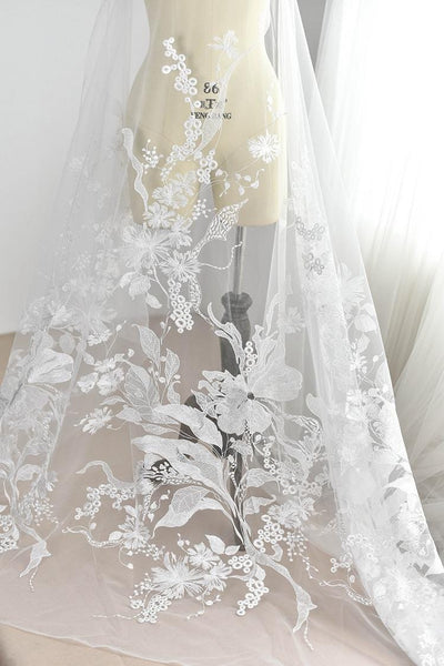 White Floral Embroidered Lace Applique: Bridal Bodice, Wedding Dress (49 1/4 in Wide)