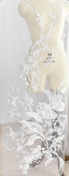 White Floral Embroidered Lace Applique: Bridal Bodice, Wedding Dress (49 1/4 in Wide)