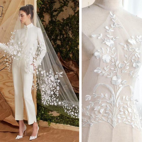 White Floral Lace Applique: Bridal Bodice Piece (17 3/8 x 12 1/4 in)