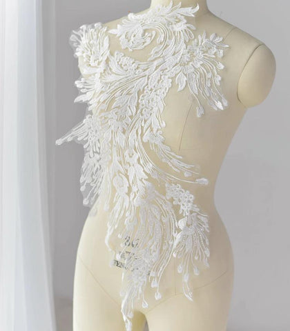 White Embroidered Lace Applique: Bridal Bodice, Wedding Dress (16 1/8 x 26 3/8 in)