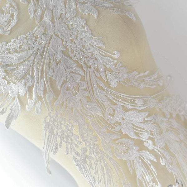 White Embroidered Lace Applique: Bridal Bodice, Wedding Dress (16 1/8 x 26 3/8 in)