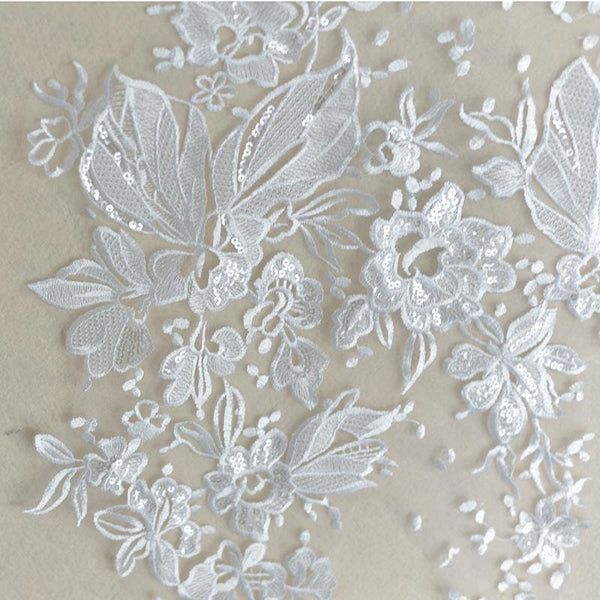 White Corded Lace Applique: Embroidered Bridal Gown Dress (15x34 5/8 in)