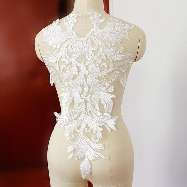 White Embroidered Lace Applique: Bridal Bodice Detail (13 3/4 x 22 1/2 in)