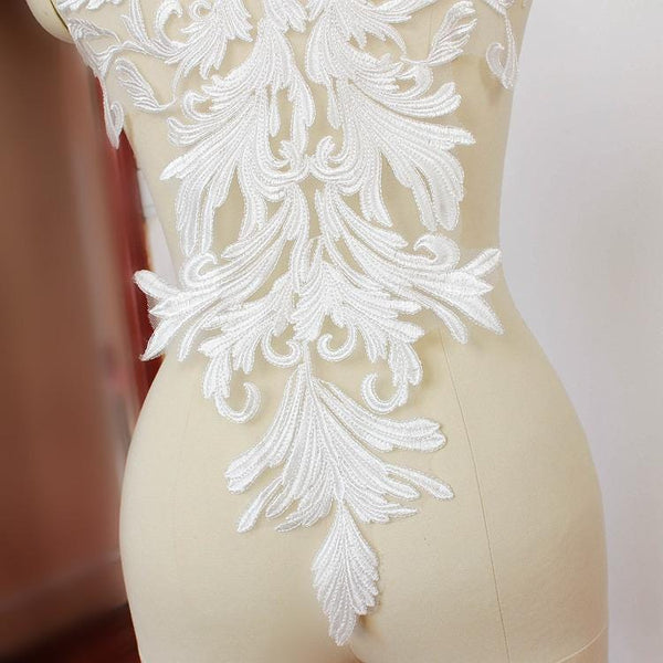 White Embroidered Lace Applique: Bridal Bodice Detail (13 3/4 x 22 1/2 in)