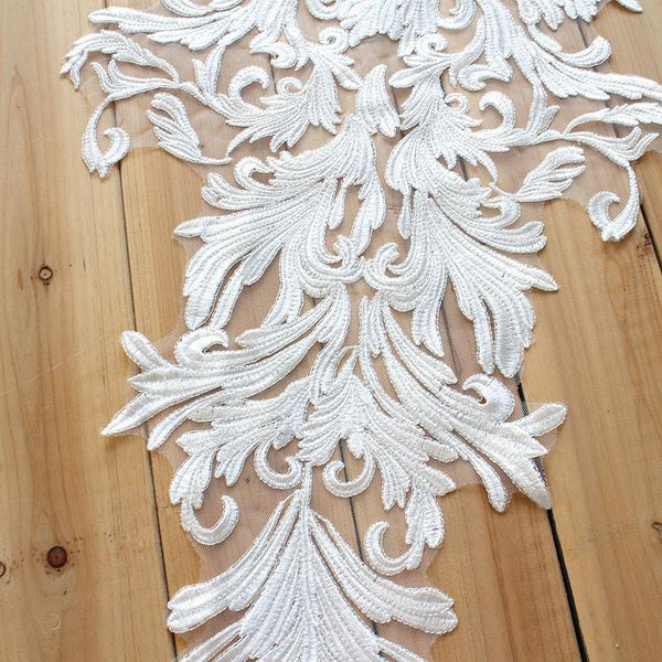 White Embroidered Lace Applique: Bridal Bodice Detail (13 3/4 x 22 1/2 in)