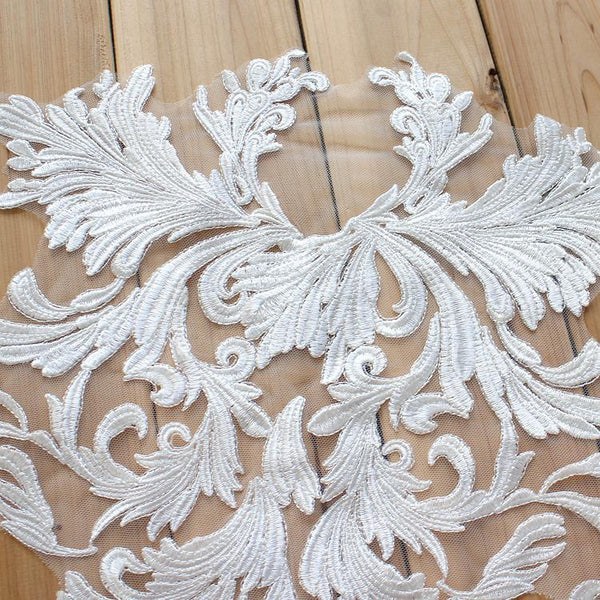 White Embroidered Lace Applique: Bridal Bodice Detail (13 3/4 x 22 1/2 in)