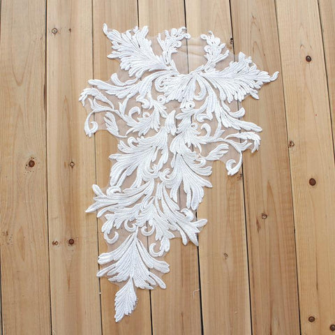 White Embroidered Lace Applique: Bridal Bodice Detail (13 3/4 x 22 1/2 in)