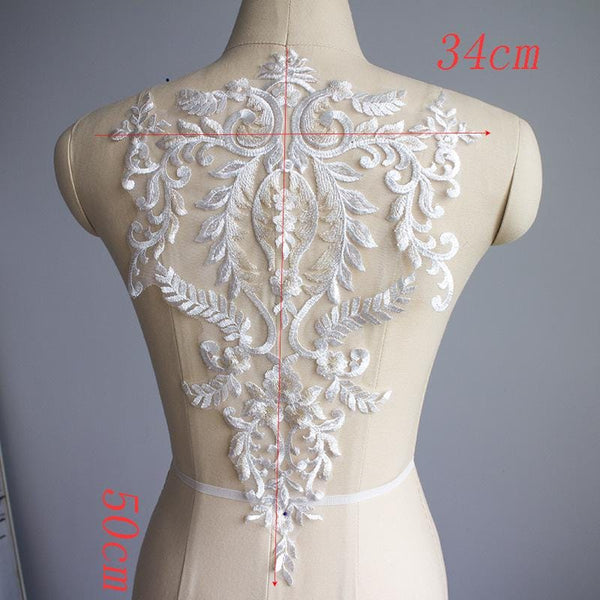White Embroidered Lace Applique: Bridal Bodice, Wedding Dress (13 3/8 x 19 5/8 in)