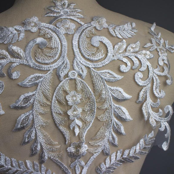 White Embroidered Lace Applique: Bridal Bodice, Wedding Dress (13 3/8 x 19 5/8 in)