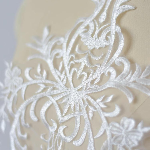White Embroidered Bridal Lace Applique: Wedding Dress Bodice (10 5/8 x 22 in)