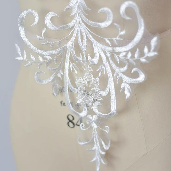 White Embroidered Bridal Lace Applique: Wedding Dress Bodice (10 5/8 x 22 in)