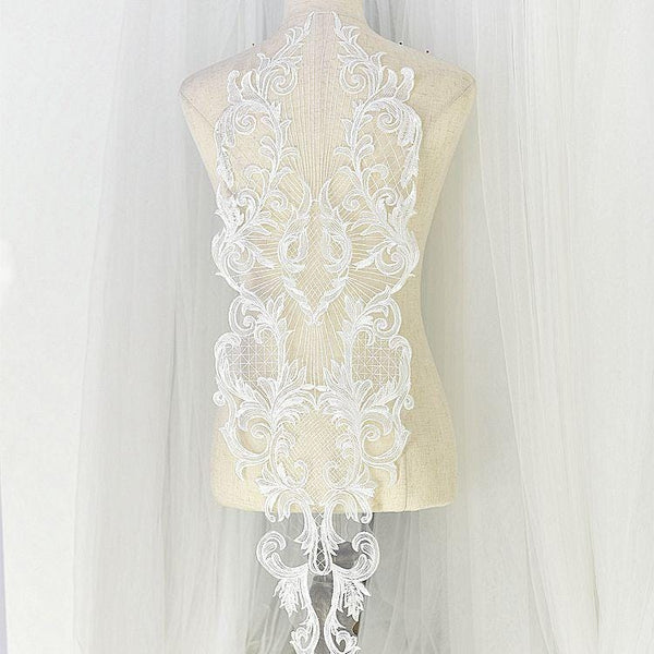 White Corded Bridal Lace Applique: Embroidered Wedding Dress Gown (10.25x45.25 in)