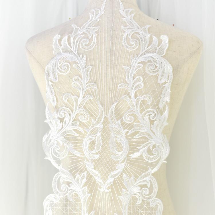 White Corded Bridal Lace Applique: Embroidered Wedding Dress Gown (10.25x45.25 in)
